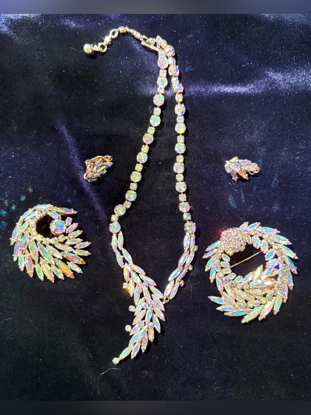 Sherman Set - Aurora Borealis Crystal Statement Necklace, 2 brooches & earrings